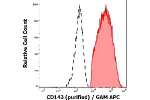 Separation of human stimulated monocytes (red-filled) from lymphocytes (black-dashed) in flow cytometry analysis (surface staining) of human GM-CSF + IL-4 stimulated peripheral blood mononuclear cells stained using anti-human CD143 (5-369) purified antibody (concentration in sample 0,6 μg/mL) GAM APC. (Angiotensin I Converting Enzyme 1 antibody)