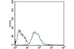 Flow cytometric analysis of HepG2 cells using CSF1R mouse mAb (green) and negative control (red). (CSF1R antibody  (AA 344-497))