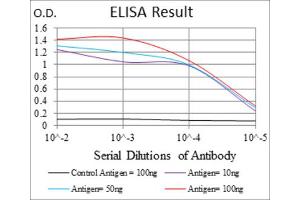 Red: Control Antigen (100ng) ; Purple: Antigen (10ng) ; Green: Antigen (50ng) ; Blue: Antigen (100ng). (COTL1 antibody)