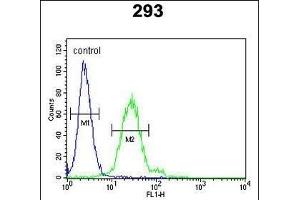 EpC Antibody (N-term) (ABIN651635 and ABIN2840340) flow cytometric analysis of 293 cells (right histogr) compared to a negative control cell (left histogr). (EpCAM antibody  (N-Term))