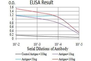Black line: Control Antigen (100 ng);Purple line: Antigen (10ng); Blue line: Antigen (50 ng); Red line:Antigen (100 ng) (MOB1A antibody  (AA 1-216))