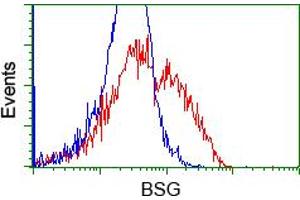 HEK293T cells transfected with either RC219464 overexpress plasmid (Red) or empty vector control plasmid (Blue) were immunostained by anti-BSG antibody (ABIN2452825), and then analyzed by flow cytometry. (CD147 antibody)