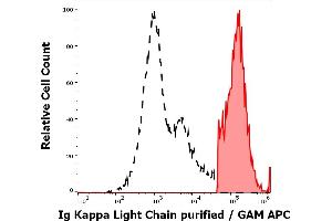 Separation of human Ig Kappa Light Chain positive lymphocytes (red-filled) from Ig Kappa Light Chain negative lymphocytes (black-dashed) in flow cytometry analysis (surface staining) of human peripheral whole blood stained using anti-human Ig Kappa Light Chain (MEM-09) purified antibody (concentration in sample 3 μg/mL) GAM APC. (kappa Light Chain antibody)