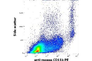 Flow cytometry surface staining pattern of murine peritoneal fluid cell suspension stained using anti-mouse CD11b (M1/70) PE antibody (concentration in sample 0,1 μg/mL). (CD11b antibody  (PE))