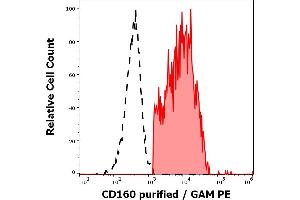 Separation of human CD160 positive lymphocytes (red-filled) from CD160 negative lymphocytes (black-dashed) in flow cytometry analysis (surface staining) of human peripheral whole blood stained using anti-human CD160 (BY55) purified antibody (concentration in sample 5 μg/mL, GAM PE). (CD160 antibody)