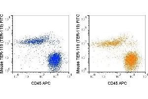 C57Bl/6 bone marrow cells were stained with APC Anti-Mouse CD45 and 0. (Ly76 antibody  (FITC))