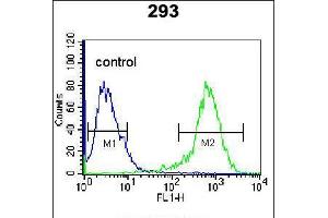 Flow cytometric analysis of 293 cells (right histogram) compared to a negative control cell (left histogram). (CDK8 antibody  (AA 249-277))