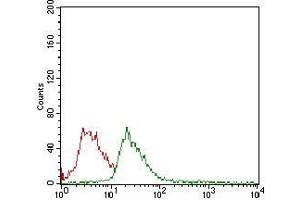 Flow cytometric analysis of Jurkat cells using CD14 mouse mAb (green) and negative control (red). (CD14 antibody  (AA 20-214))