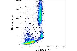 Flow cytometry surface staining pattern of human peripheral whole blood stained using anti-human CD120a (H398) PE antibody (10 μL reagent / 100 μL of peripheral whole blood).