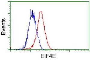 Flow cytometric Analysis of Hela cells, using anti-EIF4E antibody (ABIN2454644), (Red), compared to a nonspecific negative control antibody, (Blue). (EIF4E antibody)