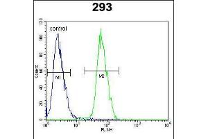 Flow cytometric analysis of 293 cells (right histogram) compared to a negative control cell (left histogram). (PLA2G1B antibody  (C-Term))