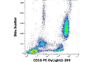 Flow cytometry surface staining pattern of human peripheral whole blood stained using anti-human CD16 (3G8) PE-DyLight® 594 antibody (4 μL reagent / 100 μL of peripheral whole blood). (CD16 antibody  (PE-DyLight 594))