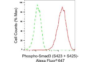 Flow cytometric analysis of Phospho-Smad3 (S423 + S425) expression in HAP-1 cells using Phospho-Smad3 (S423 + S425) antibody (ABIN7800373), 1:2,000).