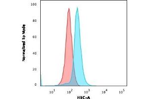 Flow Cytometric Analysis of Ramos cells using CD27 Mouse Monoclonal Antibody (LPFS2/1611) followed by goat anti-Mouse IgG-CF488 (Blue); Isotype Control (Red). (CD27 antibody)