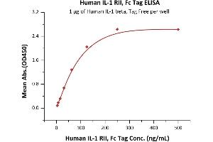 Immobilized Human IL-1 beta, Tag Free (ABIN2181299,ABIN3071753) at 10 μg/mL (100 μL/well) can bind Human IL-1 RII, Fc Tag (ABIN2181360,ABIN2181359) with a linear range of 4-125 ng/mL (QC tested). (IL1R2 Protein (AA 14-343) (Fc Tag))