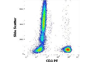 Flow cytometry surface staining pattern of human peripheral whole blood stained using anti-human CD3 (OKT3) PE antibody (10 μL reagent / 100 μL of peripheral whole blood). (CD3 antibody  (PE))