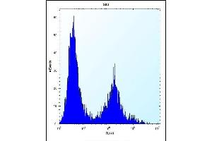 CLEC3B Antibody (Center) (ABIN656570 and ABIN2845832) flow cytometric analysis of 293 cells (right histogram) compared to a negative control cell (left histogram). (CLEC3B antibody  (AA 95-122))