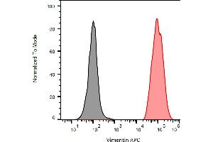 Separation of ESS-1 cells stained using anti-Vimentin (VI-RE/1) APC antibody (concentration in sample 1 μg/mL, red) from unstained ESS-1 cells (black) in flow cytometry analysis (intracellular staining).