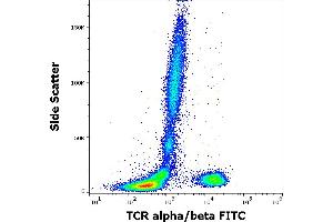 Flow cytometry surface staining pattern of human peripheral whole blood stained using anti-human TCR alpha/beta (IP26) FITC antibody (20 μL reagent / 100 μL of peripheral whole blood). (TCR alpha/beta antibody  (FITC))