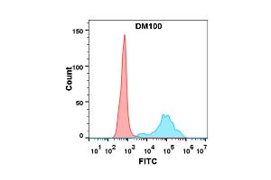Flow cytometry analysis with Anti-CD40 (DM100) on Expi293 cells transfected with human CD40 (Blue histogram) or Expi293 transfected with irrelevant protein (Red histogram). (CD40 antibody  (AA 21-193))