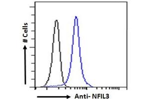 ABIN184644 Flow cytometric analysis of paraformaldehyde fixed Human peripheral blood mononuclear cells (blue line), permeabilized with 0.
