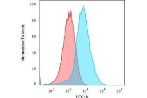 Flow Cytometric Analysis of PFA-fixed HePG2 cells using GRP94 Recombinant Rabbit Monoclonal Antibody (HSP90B1/3168R) followed by Goat anti-Rat- IgG-CF488 (Blue); Isotype Control (Red). (Recombinant GRP94 antibody)