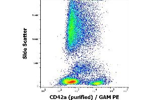 Flow cytometry surface staining pattern of human peripheral blood stained using anti-human CD42a (GR-P) purified antibody (concentration in sample 1 μg/mL) GAM PE. (CD42a antibody)