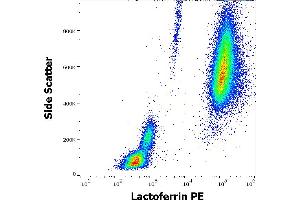 Flow cytometry intracellular staining pattern of human peripheral whole blood stained using anti-human lactoferrin (LF5-1D2) PE antibody (10 μL reagent / 100 μL of peripheral whole blood).