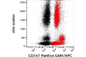 Flow cytometry analysis (surface staining) of human peripheral blood with anti-human CD147 (MEM-M6/1) purified antibody (GAM-APC, red), and human peripheral blood unstained by primary antibody (GAM APC, black) (CD147 antibody)