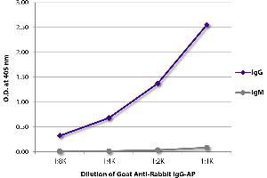 ELISA plate was coated with purified rabbit IgG and IgM. (Goat anti-Rabbit IgG (Heavy Chain) Antibody (Alkaline Phosphatase (AP)))