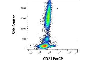 Flow cytometry surface staining pattern of human peripheral whole blood stained using anti-human CD21 (LT21) PerCP antibody (10 μL reagent / 100 μL of peripheral whole blood).