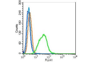 HepG2 cells probed with CD63/MLA1 Polyclonal Antibody, Unconjugated  at 1:100 for 30 minutes followed by incubation with a conjugated secondary (PE Conjugated) (green) for 30 minutes compared to control cells (blue), secondary only (light blue) and isotype control (orange). (CD63 antibody  (AA 101-200))