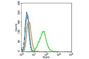 A549 probed with Mesothelin Polyclonal Antibody, Unconjugated  ) at 1:100 for 30 minutes followed by incubation with a conjugated secondary (PE Conjugated) (green) for 30 minutes compared to control cells (blue), secondary only (light blue) and isotype control (orange). (Mesothelin antibody  (AA 101-200))