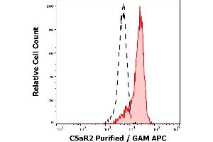 Separation of monocytes stained using anti-C5aR2 (1D9-M12) purified antibody (concentration in sample 5,0 μg/mL, GAM-APC, red-filled) from monocytes unstained by primary antibody (GAM APC, black-dashed) in flow cytometry analysis (surface staining). (GPR77 antibody)