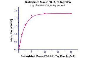 Immobilized Mouse PD-1, Fc Tag (Cat# PD1-M5259) at 10 μg/mL (100 µl/well),can bind Biotinylated Mouse PD-L1, Fc Tag (Cat# PD1-M82F5) with a linear range of 0. (PD-L1 Protein (AA 19-238) (Fc Tag,AVI tag,Biotin))