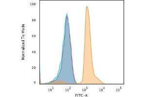 Flow Cytometric Analysis of human Jurkat cells using PD-L1 Mouse Monoclonal Antibody (PDL1/2743) followed by Goat anti-Mouse IgG-CF488 (Orange); cells alone (Blue); Isotype Control (Red).