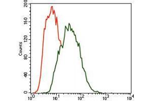 Flow cytometric analysis of SK-N-SH cells using MARK3 mouse mAb (green) and negative control (red). (MARK3 antibody  (AA 435-658))
