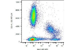 Flow cytometry analysis (surface staining) of human peripheral blood cells with anti-human HLA-DR (MEM-12) APC. (HLA-DR antibody  (APC))