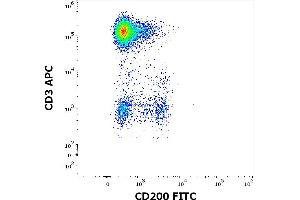 Flow cytometry multicolor surface staining of human lymphocytes stained using anti-human CD200 (OX-104) FITC antibody (4 μL reagent / 100 μL of peripheral whole blood) and anti-human CD3 (UCHT1) APC antibody (10 μL reagent / 100 μL of peripheral whole blood). (CD200 antibody  (FITC))