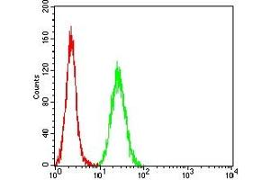 Flow cytometric analysis of Hela cells using BAX mouse mAb (green) and negative control (red). (BAX antibody)