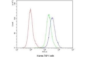 Flow cytometry testing of human ThP-1 cells with CD163 antibody at 1ug/10^6 cells (blocked with goat sera) (CD163 antibody)