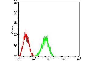 Flow cytometric analysis of HL-60 cells using CD354 mouse mAb (green) and negative control (red). (TREM1 antibody  (AA 21-205))