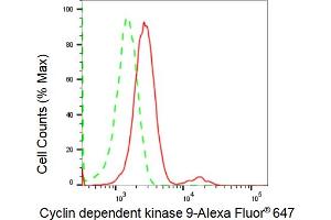 Flow cytometric analysis of Cyclin dependent kinase 9 expression in HepG2 cells using Cyclin dependent kinase 9 antibody (ABIN7798221), 1:2,000).