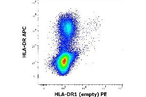 Flow cytometry multicolor surface staining pattern of human peripheral whole blood stained using anti-human HLA-DR1-empty (MEM-267) PE antibody (concentration in sample 9 μg/mL) and anti-human HLA-DR (L243) APC antibody (10 μL reagent / 100 μL of peripheral whole blood). (HLA-DR1 antibody  (PE))