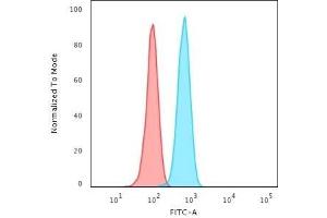 Flow Cytometric Analysis of HeLa cells using Cytokeratin 14 Mouse Monoclonal Antibody ((KRT14/2375) followed by goat anti-Mouse IgG-CF488 (Blue); Isotype Control (Red).