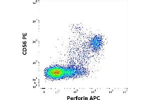 Flow cytometry multicolor surface staining pattern of human lymphocytes using anti-human CD56 (LT56) PE antibody (10 μL reagent / 100 μL of peripheral whole blood) and intracellular staining using anti-Perforin (dG9) APC antibody (10 μL reagent / 100 μL of peripheral whole blood). (Perforin 1 antibody  (APC))