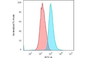 Flow Cytometric Analysis of trypsinized MeOH-fixed HeLa cells using Cytokeratin 14 Mouse Monoclonal Antibody (LL002) followed by Goat anti-Mouse IgG-CF488 (Blue); Isotype Control (Red). (KRT14 antibody  (C-Term))