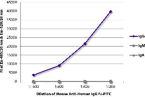 FLISA plate was coated with purified human IgG, IgM, and IgA. (Mouse anti-Human IgG (Fc Region) Antibody (FITC))