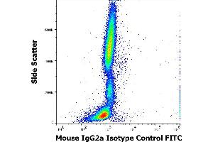 Flow cytometry surface nonspecific staining pattern of human peripheral whole blood stained using mouse IgG2a Isotype control (MOPC-173) FITC antibody (concentration in sample 9 μg/mL). (Mouse IgG2a isotype control (FITC))
