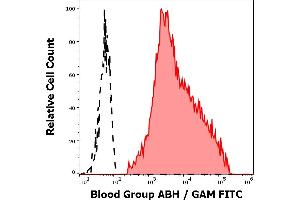 Separation of human erythrocytes from blood group A donor (red-filled) from erythrocytes from blood group 0 donor (black-dashed) in flow cytometry analysis (surface staining) of human peripheral whole blood samples using anti-blood group ABH (HE-10) antibody (culture supernatant, GAM FITC). (Blood Group ABH antibody)